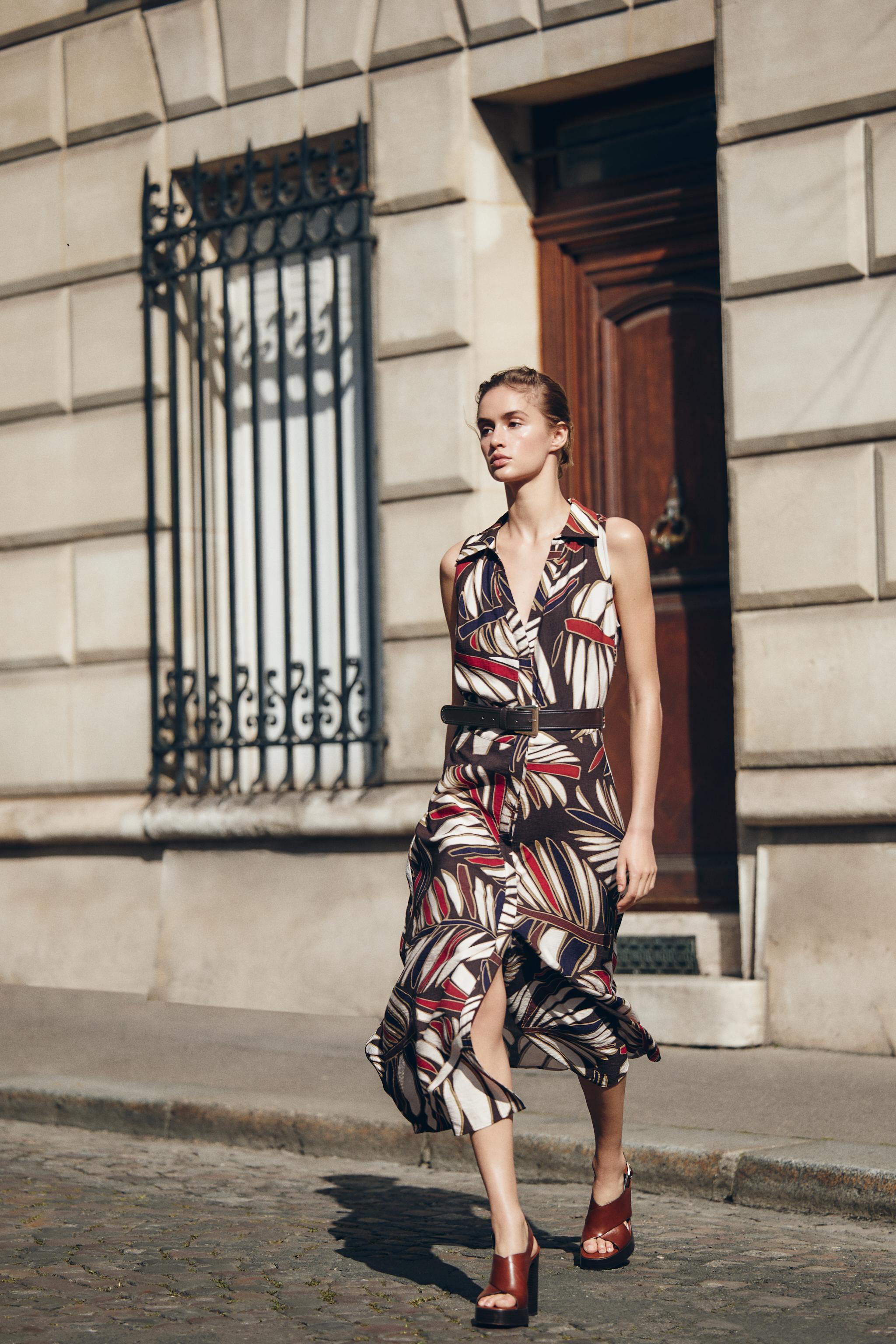 BELTED PRINTED MIDI DRESS